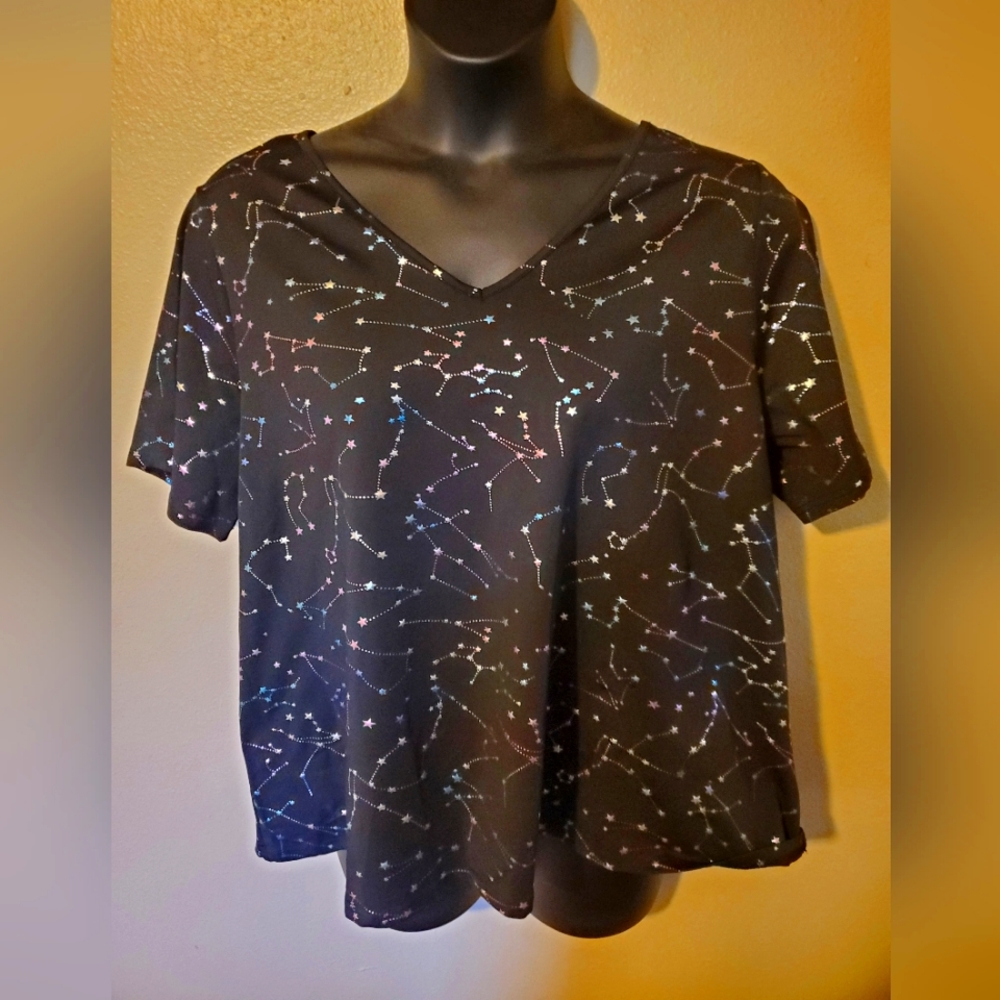 Shein Curve black V-neck t-shirt with rainbow foil constellation pattern